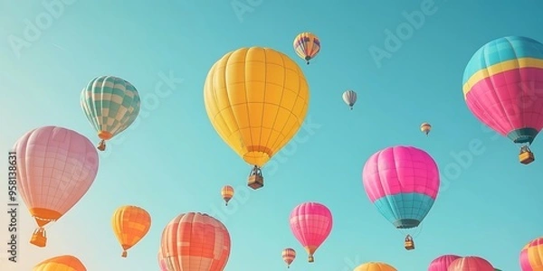 Fototapeta Colorful Balloon Festival with Hot Air Balloons of Various Shapes and Sizes Rising Against a Clear Blue Sky