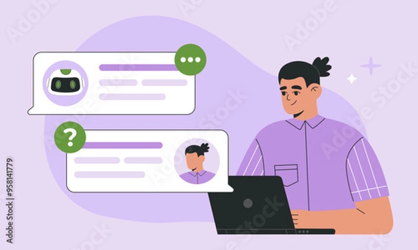 Fototapeta AI chatbot and man communication, human is using Artificial Intelligence online support, user messaging via laptop with smart robot assistant. Flat vector illustration on isolated purple background