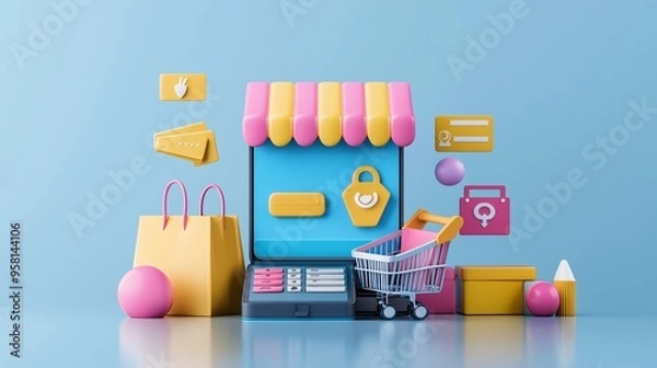 Fototapeta 3D Illustration of Secure Digital Payment Process with Modern Technology and Transactions