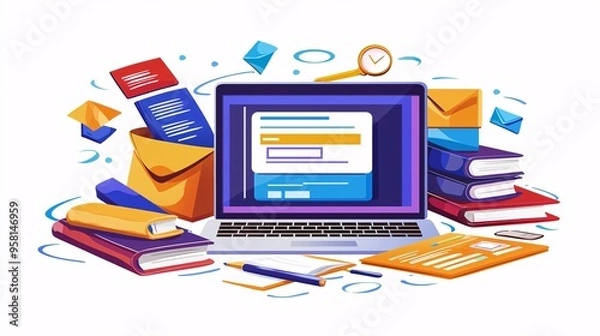 Fototapeta Virtual Study Room Featuring Laptop with Live Online Lesson Surrounded by Study Materials