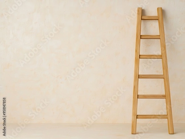 Fototapeta Golden ladder leaning against a wall, with each rung labeled with objectives