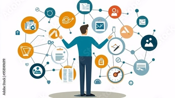 Fototapeta Innovative Businessman Engaged in Digital Brainstorming Surrounded by Mind Maps and Charts