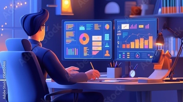 Fototapeta Innovative 3D Visualization of Businessman Engaged in Creative Brainstorming with Data Ins