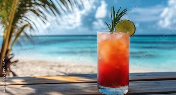 Fototapeta Refreshing cocktail on a wooden table with palm trees by a serene beach in the Caribbean