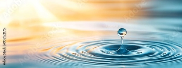 Fototapeta  A tight shot of a water droplet on a body of water's surface, sun casting background radiance