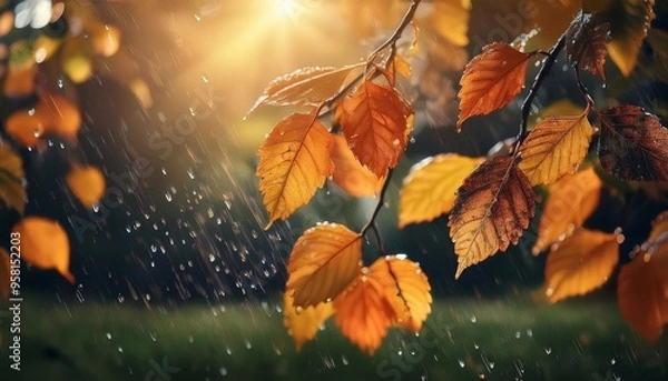 Fototapeta yellow leaves fell on the ground, light rain, close-up, autumn concept.