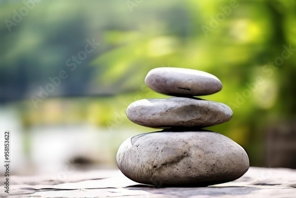 Fototapeta Three Smooth Gray Stones Balanced on Top of Each Other