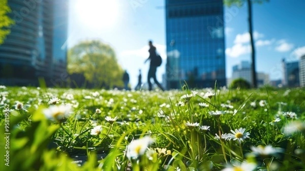 Fototapeta Beautiful spring grass with small daisies and people walking in the city, low angle shot, green grass meadow, business office buildings in the background, depth of field, sunny day.