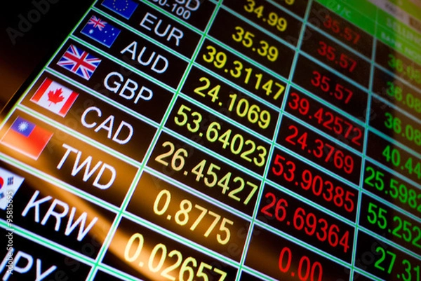 Fototapeta currency exchange rate on digital LED display board