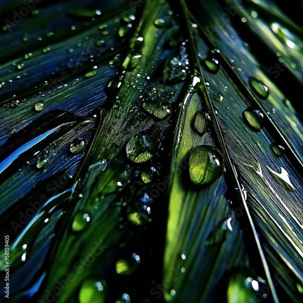 Fototapeta Raindrops gently resting on a leaf's surface, with a focus on the intricate patterns and textures of the plant, bringing a calm and fresh aesthetic to the image.