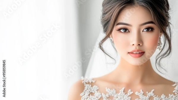 Fototapeta Elegant Southeast Asian bride with soft curls and a beaded wedding dress, posed gracefully against a light background, medium shot capturing her radiance
