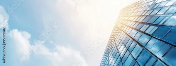 Fototapeta  A tall building with numerous windows stands against a blue backdrop, its silhouette contrasting with the mid-blue sky dotted with clouds