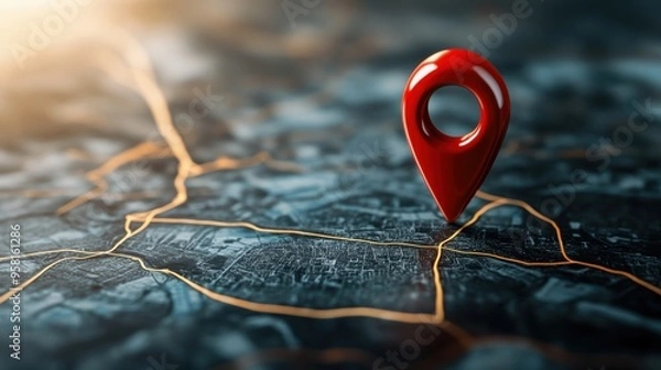 Obraz Red map marker standing out on a textured physical map, showing a clear travel route, with geographic features and roads in intricate detail