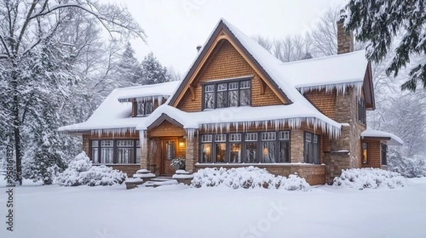 Fototapeta Rustic wooden cabin nestled amidst snow-dusted trees in a serene winter landscape