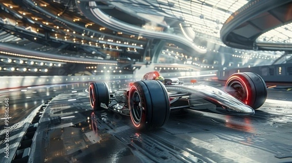 Fototapeta Futuristic Race Car on Track with Red Lights