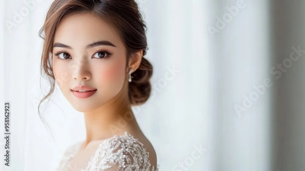 Fototapeta Elegant Southeast Asian bride with soft curls and a beaded wedding dress, posed gracefully against a light background, medium shot capturing her radiance