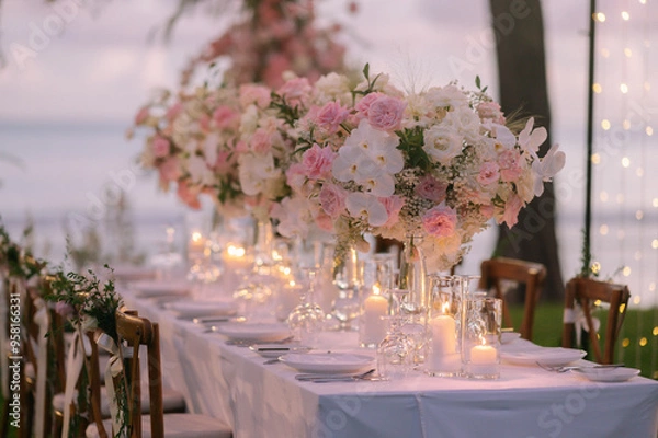 Obraz Dinner table decorated with beautiful flowers.