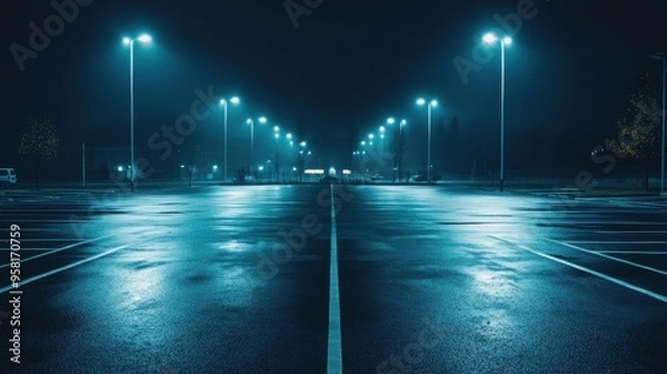 Fototapeta empty parking lot at night with bright lights reflecting on wet asphalt
