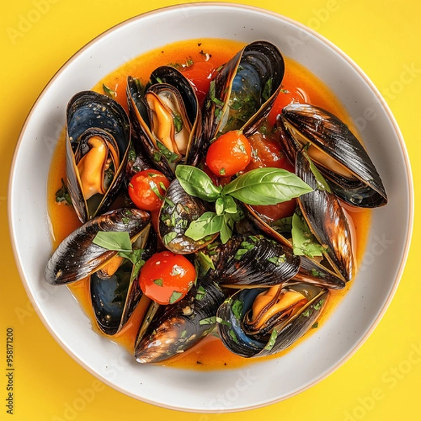 Fototapeta Plate of mussels in tomato sauce with fresh herbs and red cherry tomatoes on a yellow background, perfect for a romantic dinner