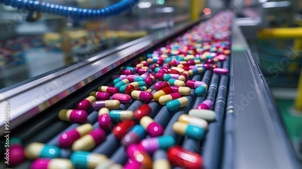 Fototapeta Photo of a pills production line in action with colorful and various capsule medicines on the conveyor belt, taken from a high angle shot with natural light and cinematic lighting