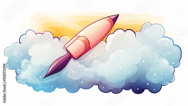 Fototapeta Rocket flies in multicolored clouds, watercolor background postcard