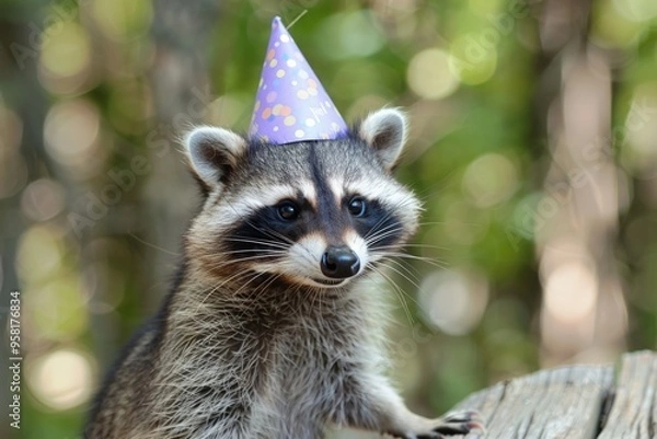 Fototapeta In a lively forest glade, a raccoon wears a colorful birthday hat, exuding charm and playfulness. The soft sunlight filters through the trees, casting a warm glow on this delightful birthday moment.