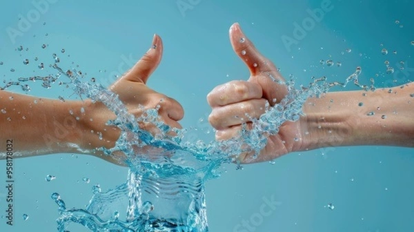 Fototapeta Two hands doing thumbs up made of water splash, with a blue colored background, in a high resolution photograph