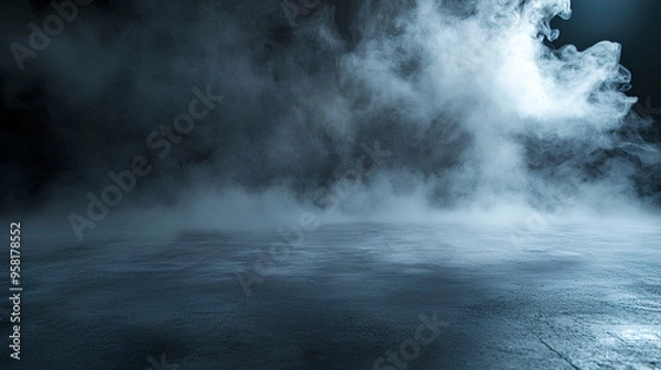 Obraz Smoke on floor . Isolated black background . Misty fog effect texture overlays for text or space. Smoke fog misty overltays effect on isolated black background