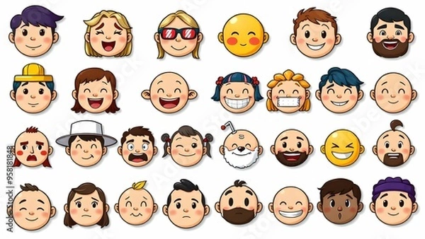 Fototapeta A collection of smiling faces and multiple facial expressions.