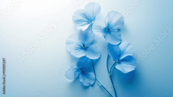 Fototapeta Abstract background with a sprig of delicate blue flowers on a light blue background with copy space.