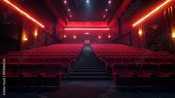 Fototapeta A dramatic view of an empty cinema hall with red seats and vibrant lighting, perfect for evoking emotions in storytelling.