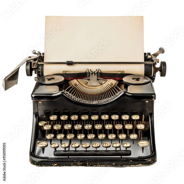 Fototapeta Vintage Typewriter on Transparent Background: A timeless black typewriter with a crisp white sheet of paper, showcasing elegant retro design against a clear backdrop.
