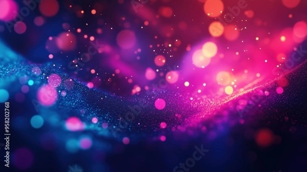 Obraz A vibrant abstract bokeh background with pink and blue particles creating a dynamic, neon-lit effect against a dark backdrop.