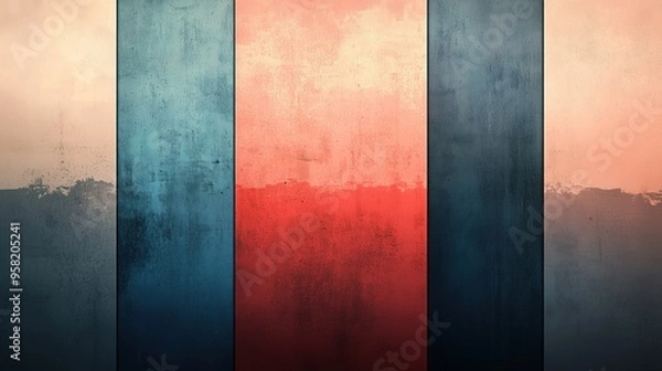 Obraz Vertical stripes in weathered red and blue tones create a distressed, gradient effect, blending rustic and modern design elements.