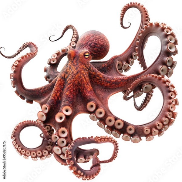 Fototapeta Majestic Giant Octopus with Outstretched Tentacles Against Clear Background. Intricate Details and Graceful Curves of Marine Wonder.