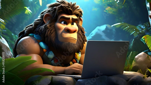 Obraz Stone Age Cartoon Character Realistic 3D Man Drinking Coconut in Jungle 4K