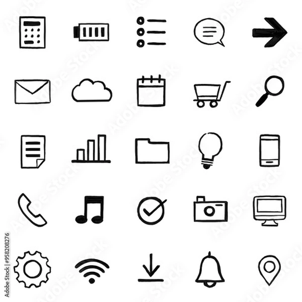 Obraz フリーハンドの手描きアイコン素材セット・インターネット系