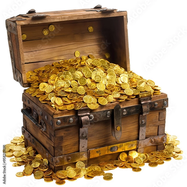 Fototapeta Glittering pirate treasure chest overflowing with gold coins and jewels, set against a clear backdrop. Radiant gems and coins spill from the intricately crafted chest, evoking a world of adventure 