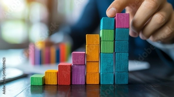 Fototapeta Businessman building a colorful block staircase on a desk, symbolizing growth, progress, and success in business and strategy.