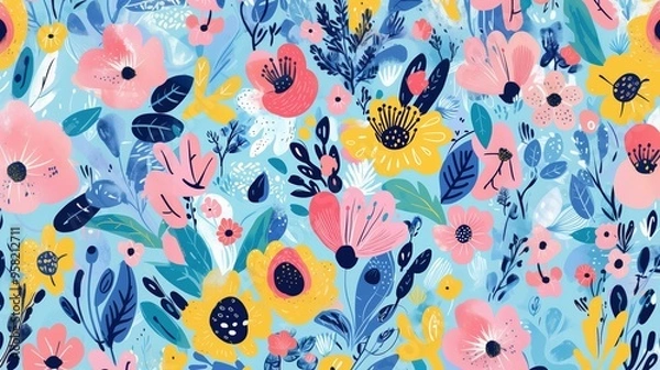 Obraz A pastel floral pattern featuring soft blue, pink, and yellow flowers, set against a light blue background, creating a serene and delicate aesthetic.