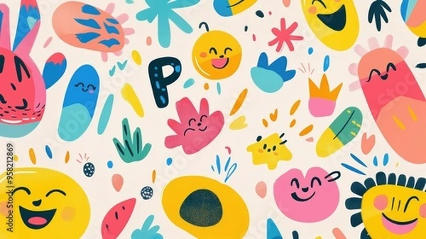 Obraz A playful abstract pattern featuring smiling faces and colorful shapes in bold shades of yellow, pink, and blue, evoking a cheerful and fun mood.
