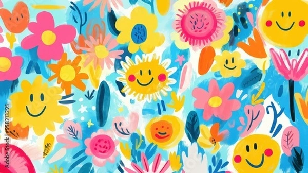 Obraz A cheerful floral pattern featuring smiling sun faces and bright flowers in pastel colors, creating a whimsical and joyful design.