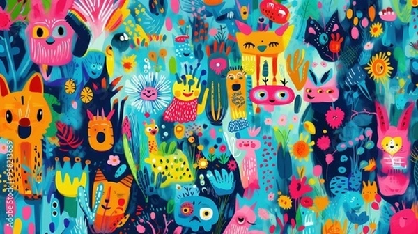 Obraz A whimsical and vibrant pattern featuring playful animals and flowers in bright colors, set against a lively and colorful background.