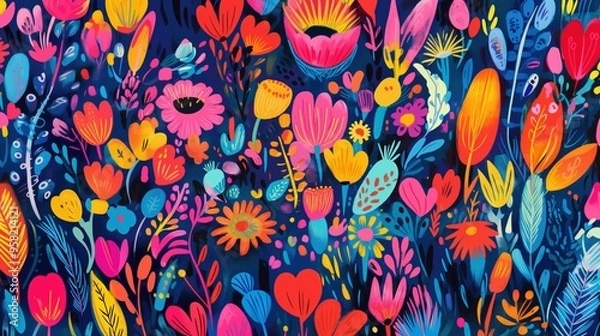 Obraz A colorful pattern featuring a variety of bright flowers and leaves, arranged in a whimsical and vibrant garden scene on a dark background.