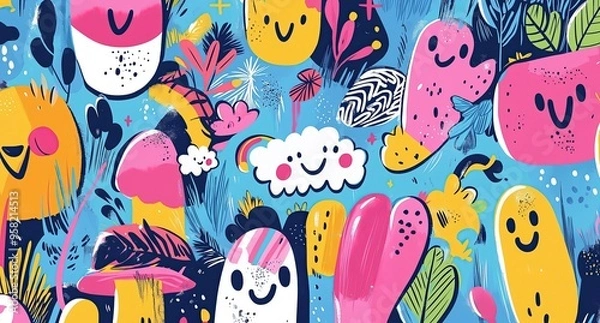 Obraz A playful composition of whimsical characters, abstract shapes, and vibrant elements in bright colors on a blue background.