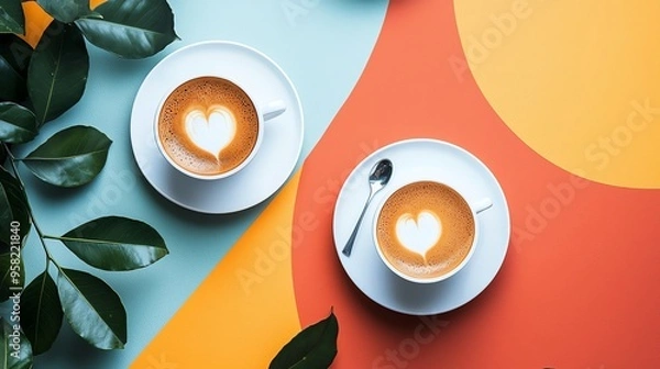 Obraz Two heart latte art coffees on colorful background with green leaves, creating a warm, inviting atmosphere perfect for coffee lovers.