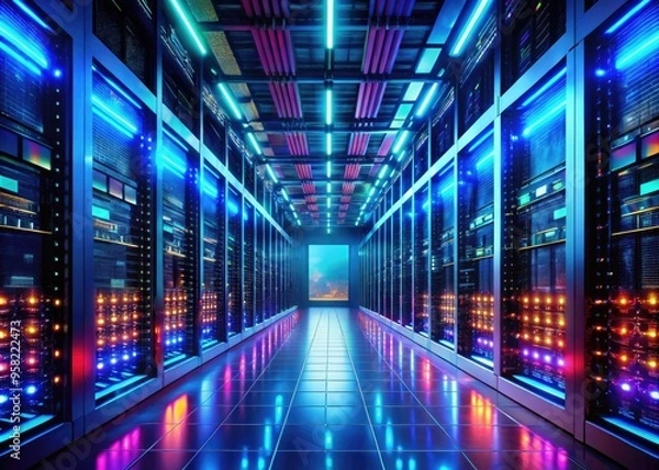 Fototapeta Hyperscale data center with rows of servers, neon-lit aisles, futuristic ambiance, emphasizing exponential growth and massive computational power in cloud computing.