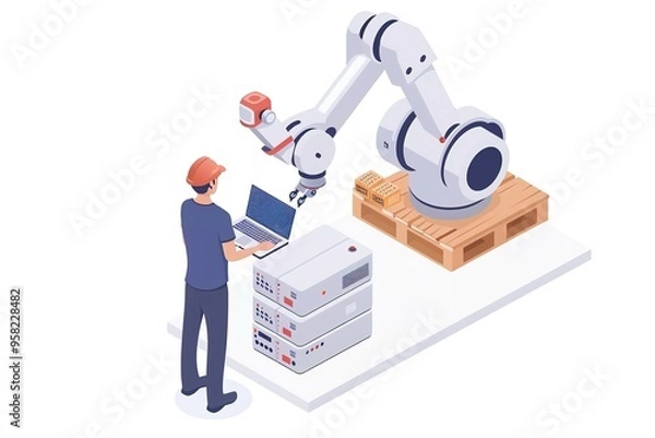 Fototapeta Man controlling factory robot with laptop isometric