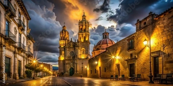 Fototapeta low-key moody nighttime capture of Zacatecas cathedral illuminated by warm yellow streetlights surrounded by darkened historic center and cloudy sky