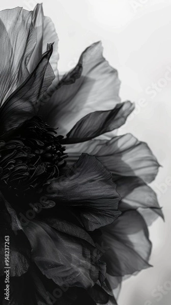 Fototapeta Soft black flowers, pale patterned background, copy space